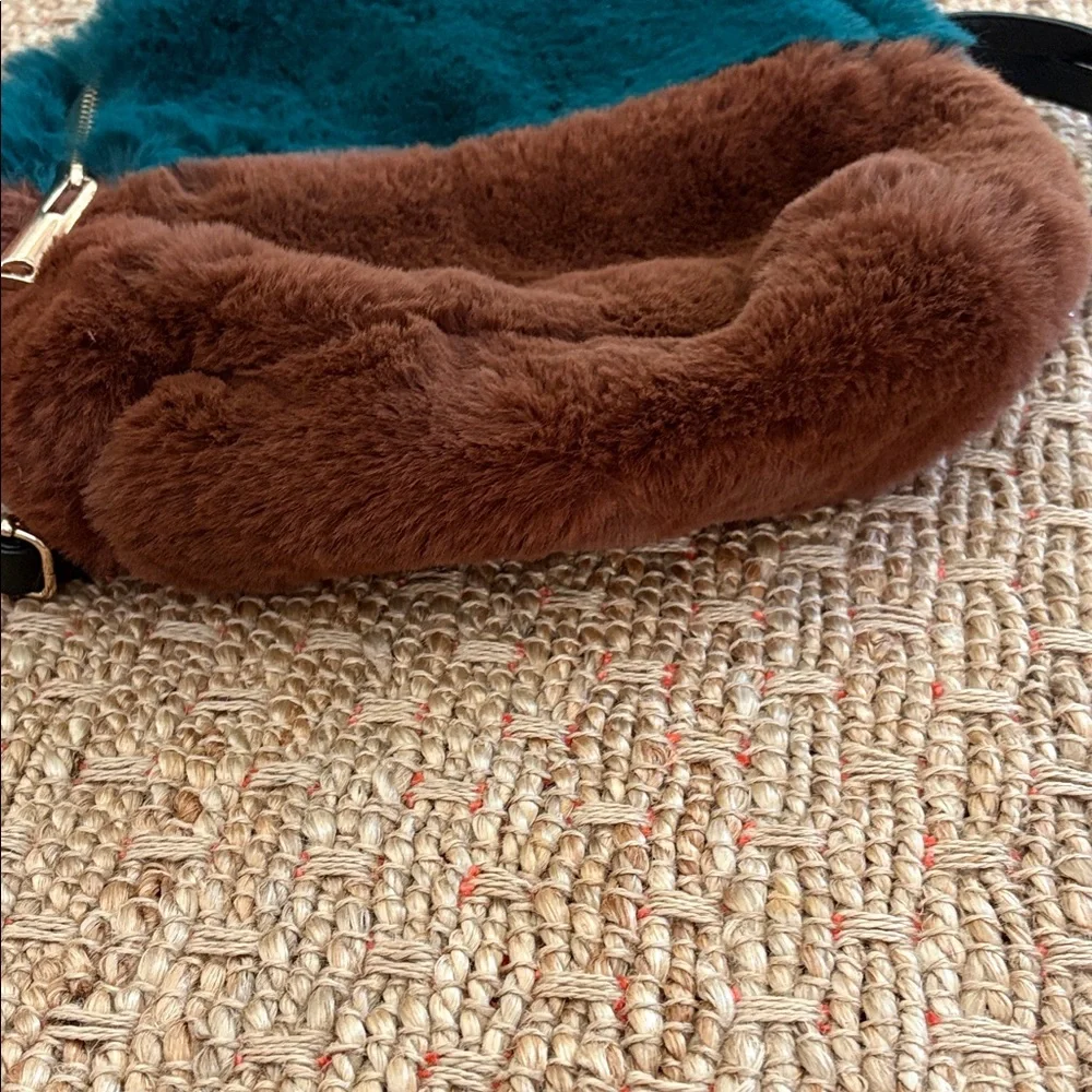 Plush Colorblock Round Faux Fur Backpack — Green and Brown
